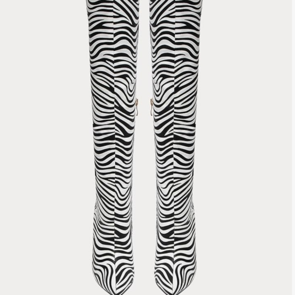 Zebra Print Knee High Stiletto Boots Womens 6.5 Black White Pointed Toe New